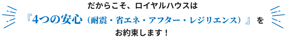 だからこそ、ロイヤルハウスは『4つの安心（耐震・省エネ・アフター・レジリエンス）』をお約束します！