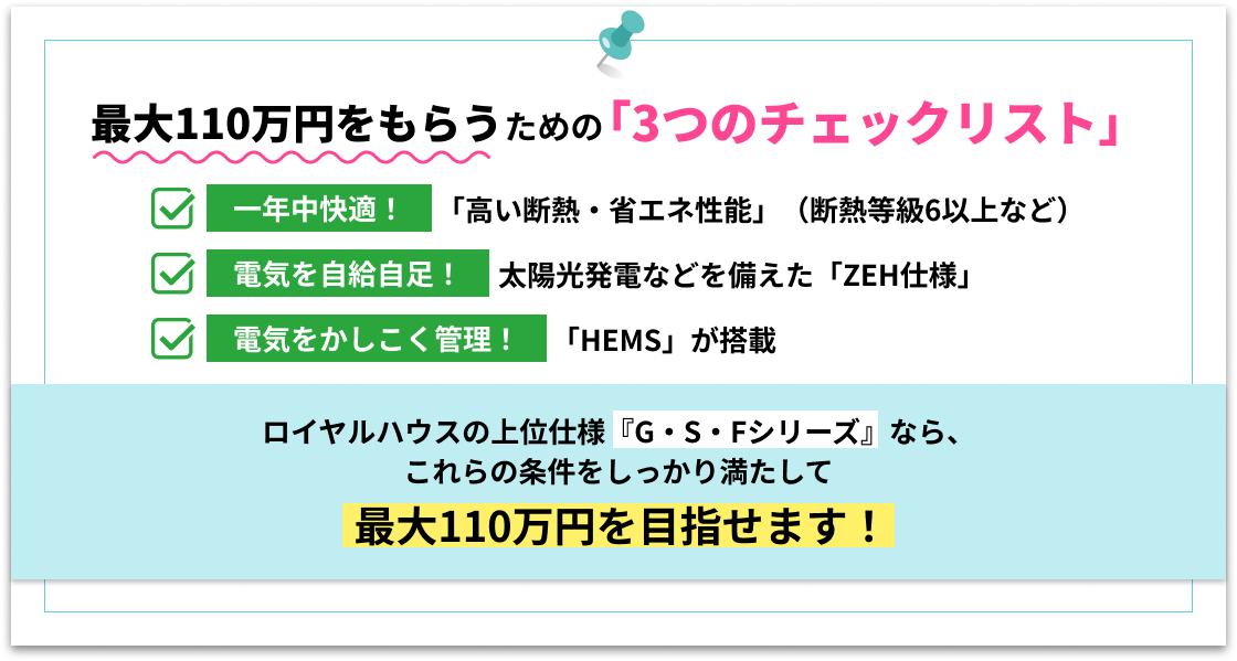 最大110万円をもらうための「3つのチェックリスト」「高い断熱・省エネ性能」（断熱等級6以上など）太陽光発電などを備えた「ZEH仕様」「HEMS」が搭載ロイヤルハウスの上位仕様『G・S・Fシリーズ』なら、
これらの条件をしっかり満たして最大110万円を目指せます！