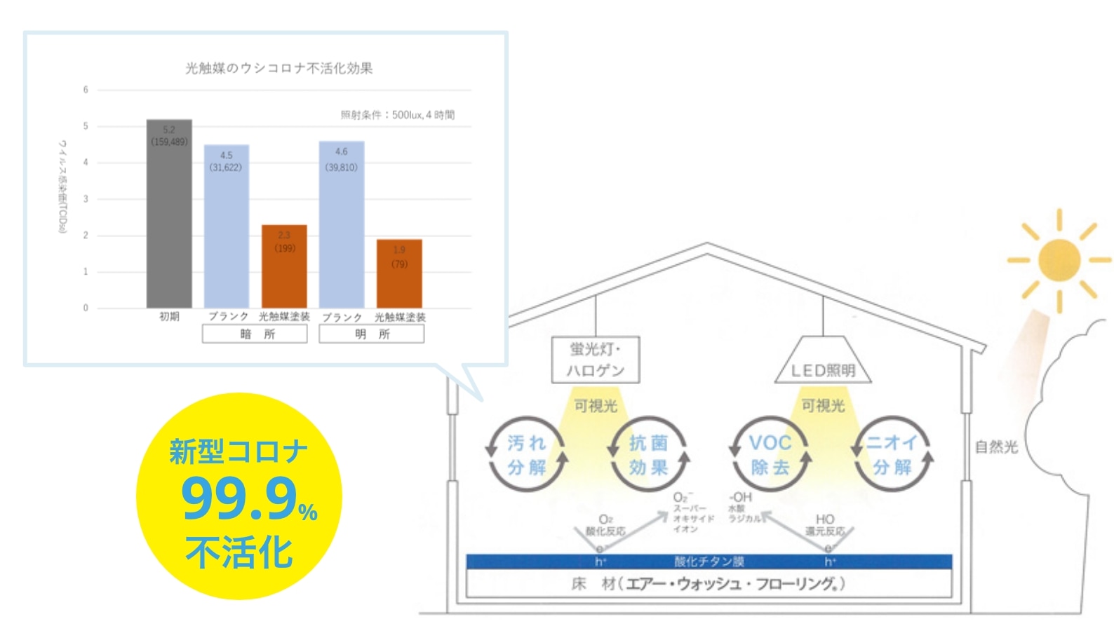 イメージ画像:エアーウォッシュフローリングの抗ウイルス 光触媒のウシコロナ不活化効果図 新型コロナウイルス99.9%不活化